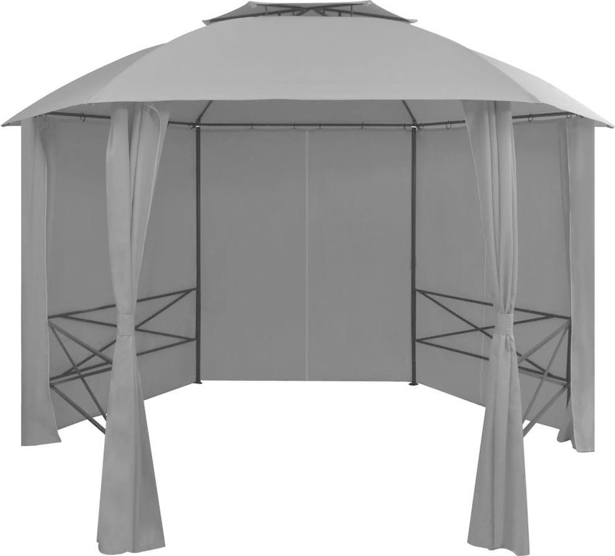 Vidaxl Tuinpaviljoen Met Gordijnen Hexagonaal 360x265 Cm - Grijs