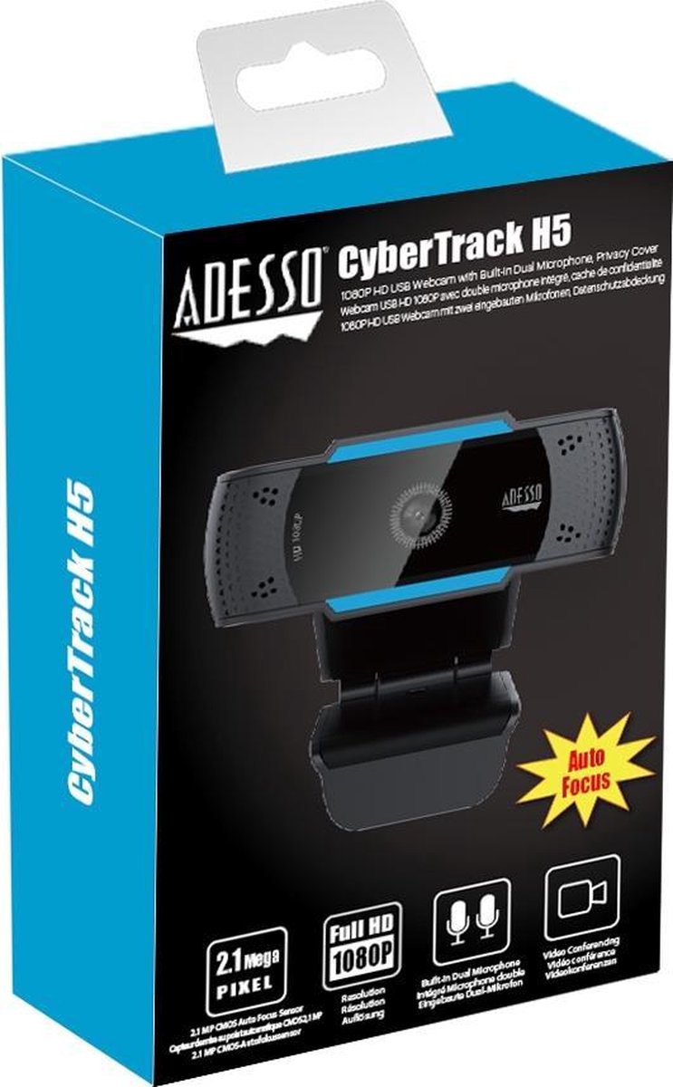 Adesso CyberTrack H5 webcam 2,1 MP 1920 x 1080 Pixels USB 2.0 Zwart, - Blauw