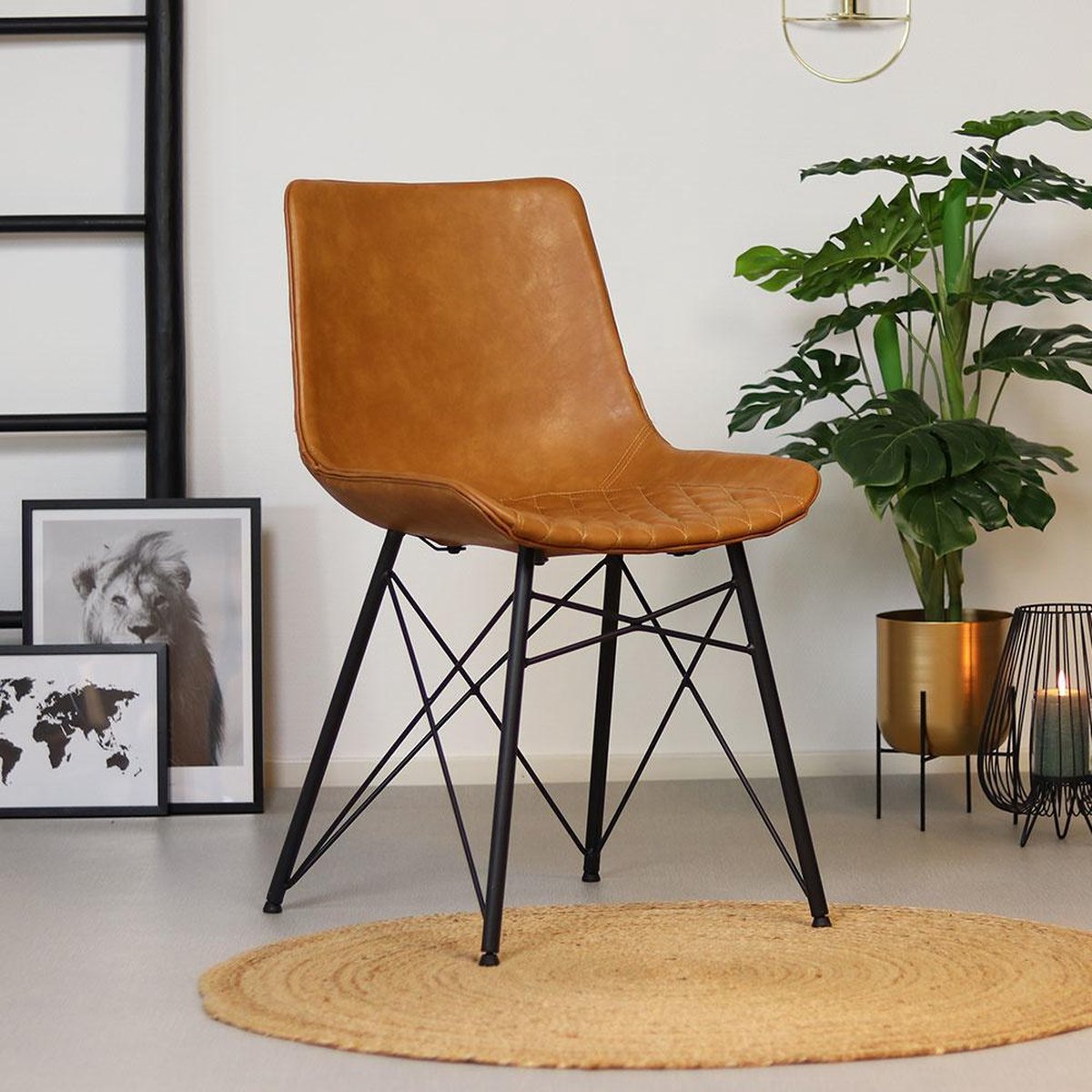 Bronx71 Industriële Eetkamerstoel Lauren Cognac Pu Leer - Eetkamerstoelen Set Van 4 - Bruin