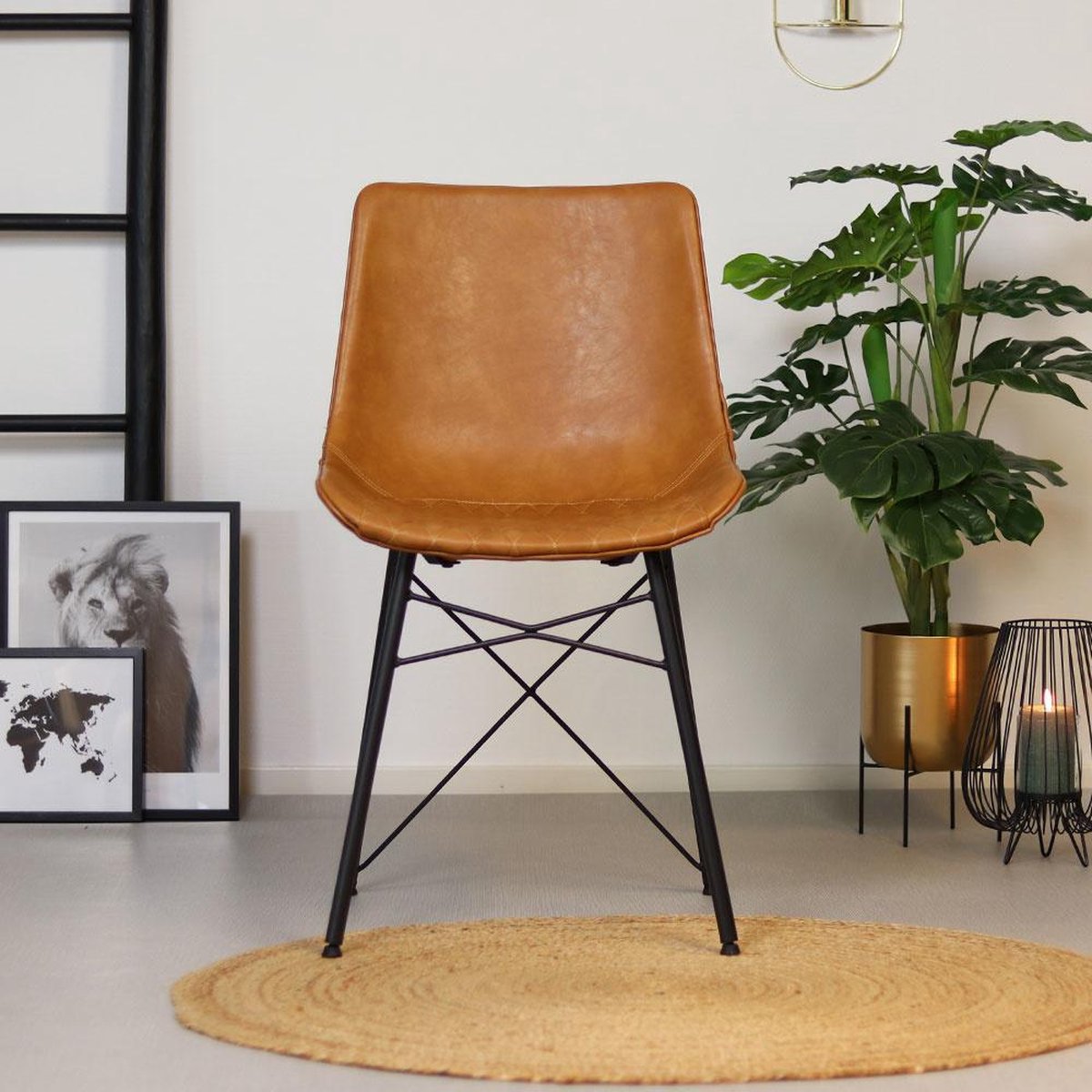 Bronx71 Industriële Eetkamerstoel Lauren Cognac Pu Leer - Eetkamerstoelen Set Van 4 - Bruin