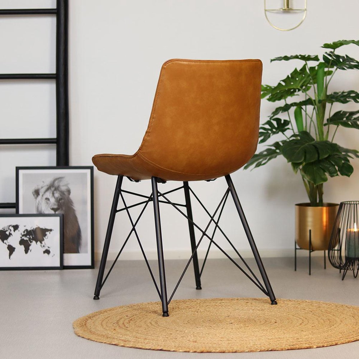 Bronx71 Industriële Eetkamerstoel Lauren Cognac Pu Leer - Eetkamerstoelen Set Van 4 - Bruin