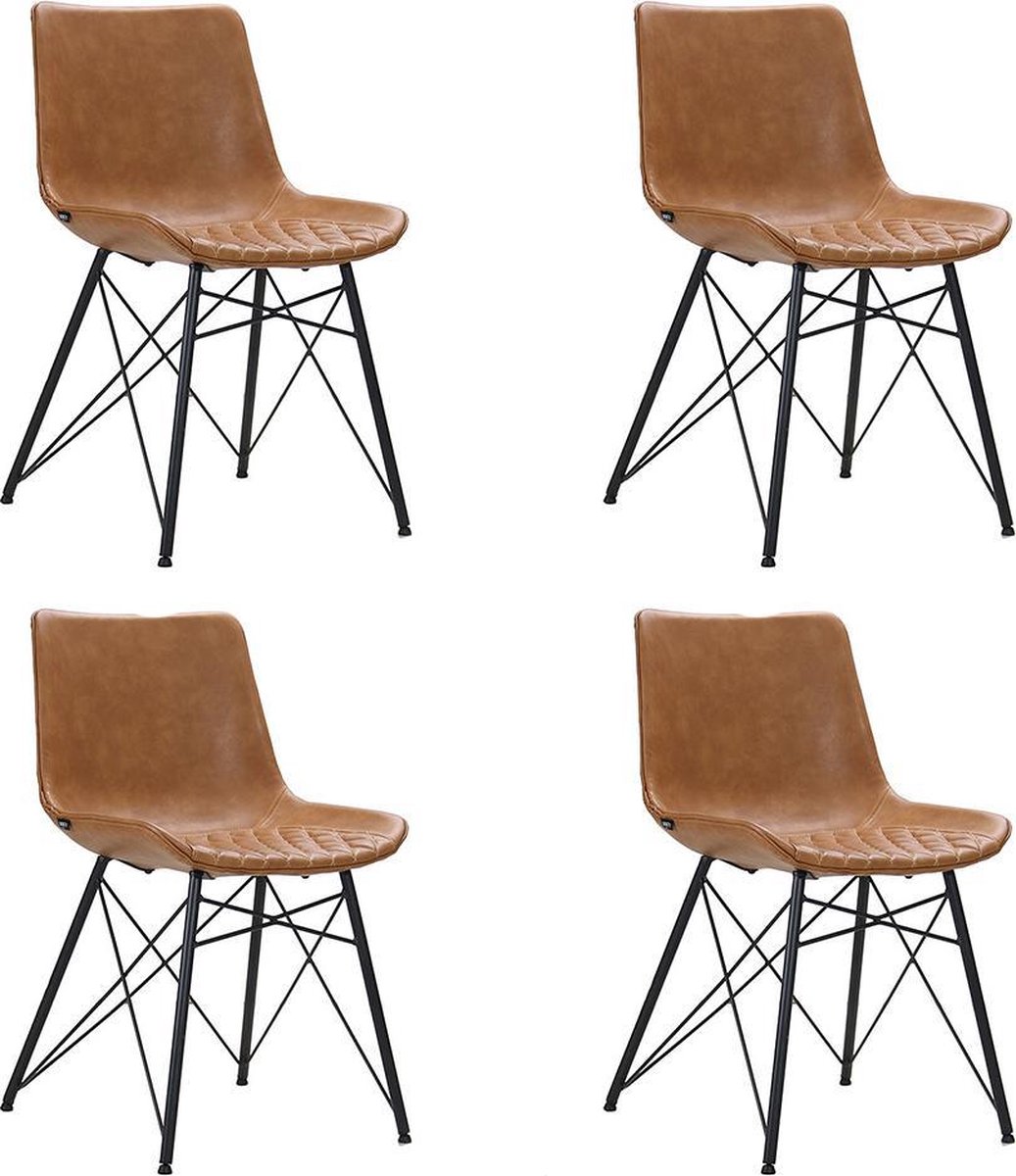 Bronx71 Industriële Eetkamerstoel Lauren Cognac Pu Leer - Eetkamerstoelen Set Van 4 - Bruin