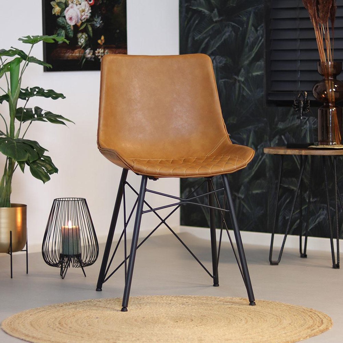 Bronx71 Industriële Eetkamerstoel Lauren Cognac Pu Leer - Eetkamerstoelen Set Van 4 - Bruin