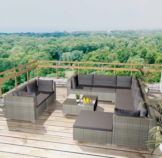 Vidaxl 10-delige Loungeset Met Kussens Poly Rattan - Grijs