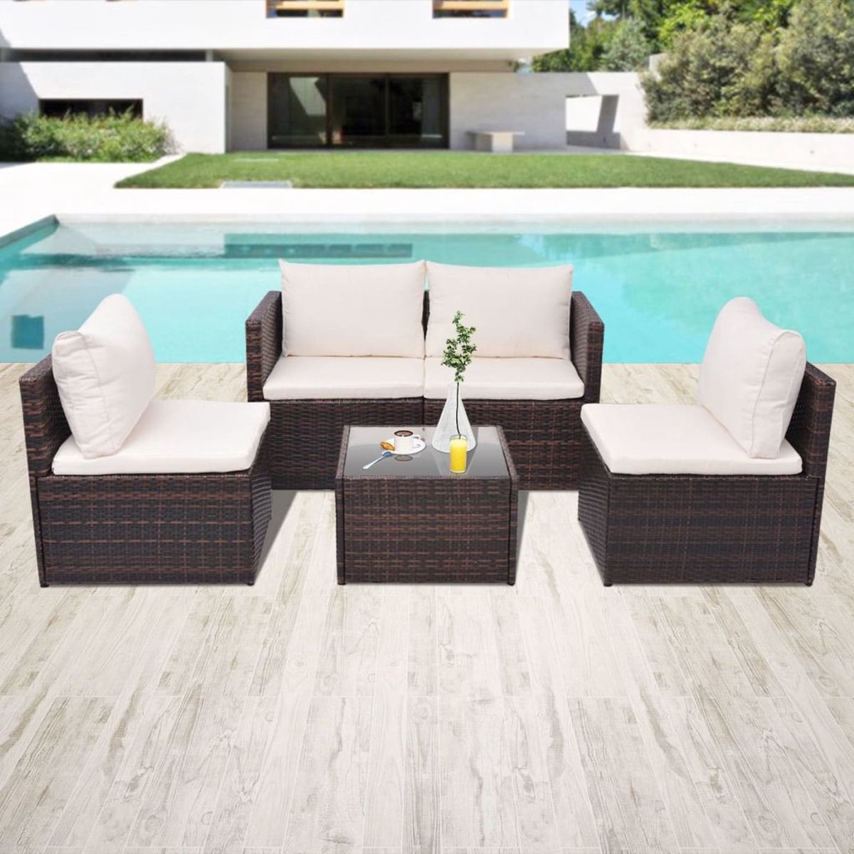 Vidaxl 5-delige Loungeset Met Kussens Poly Rattan - Bruin