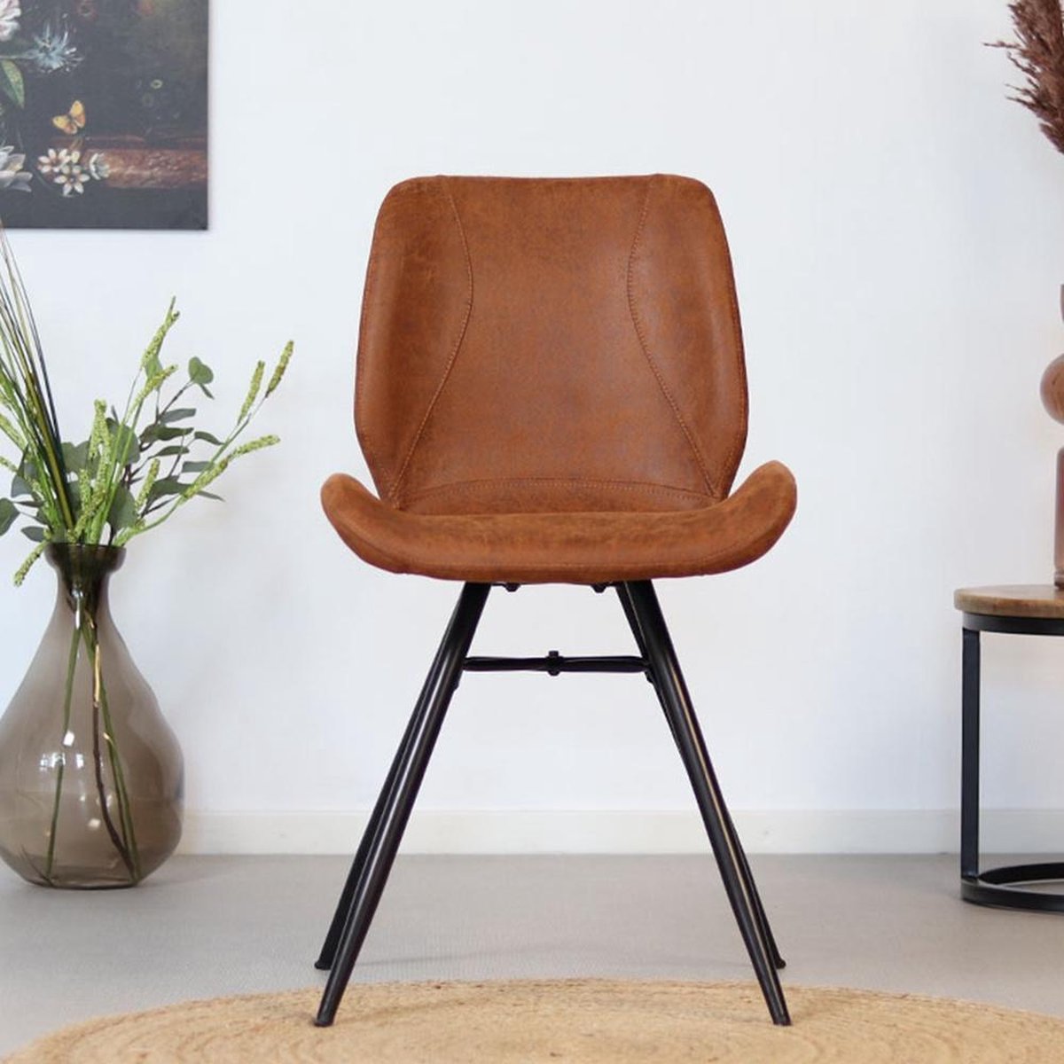 Bronx71 Industriële Eetkamerstoel Barrel Cognac Eco Leer- Eetkamerstoelen Set Van 4 - Bruin