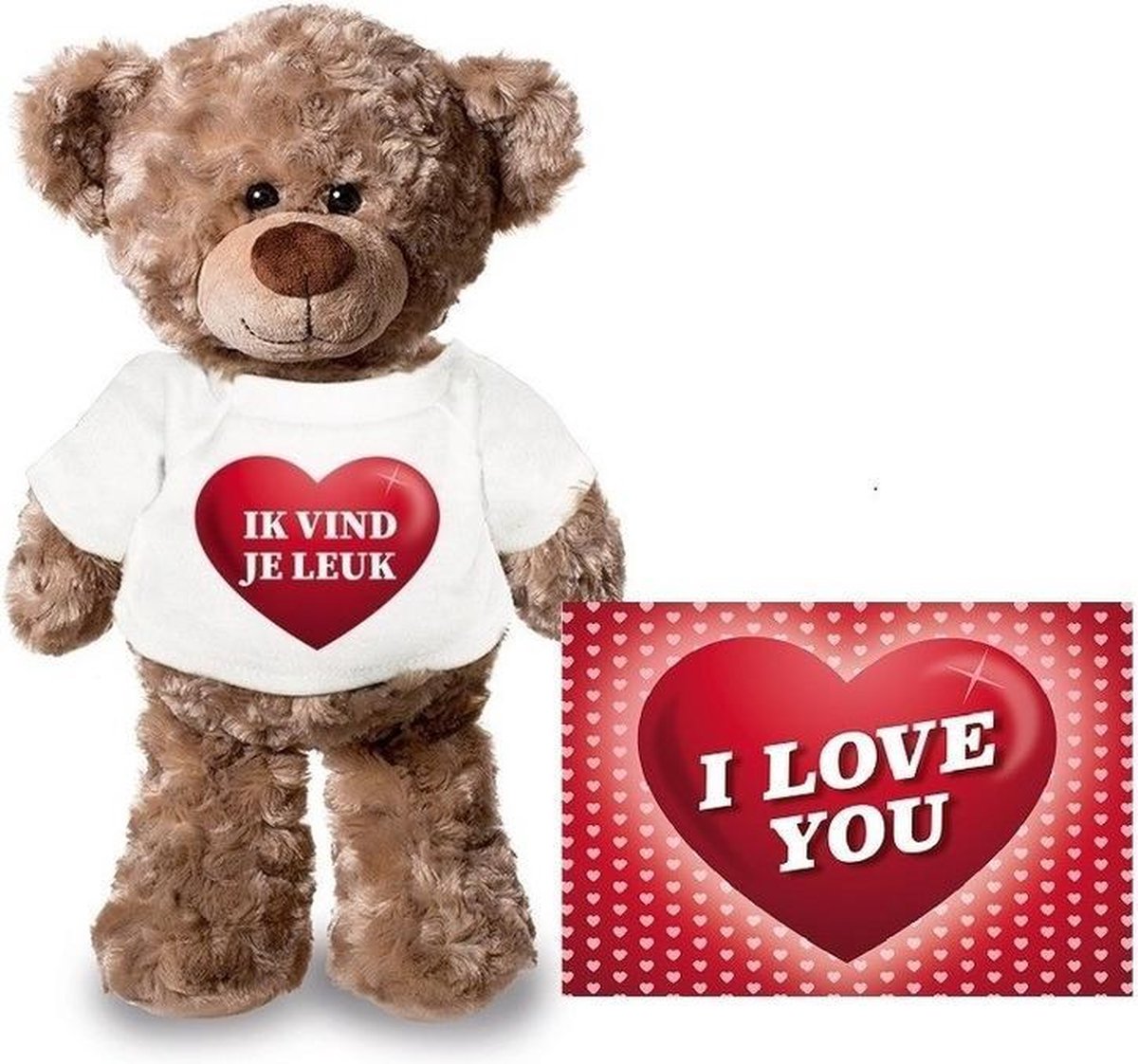 Knuffel Teddybeer Ik Vind Je Leuk Hartje 24 Cm Met Valentijnskaart A5 - Valentijn/ Romantisch Cadeau - Bruin