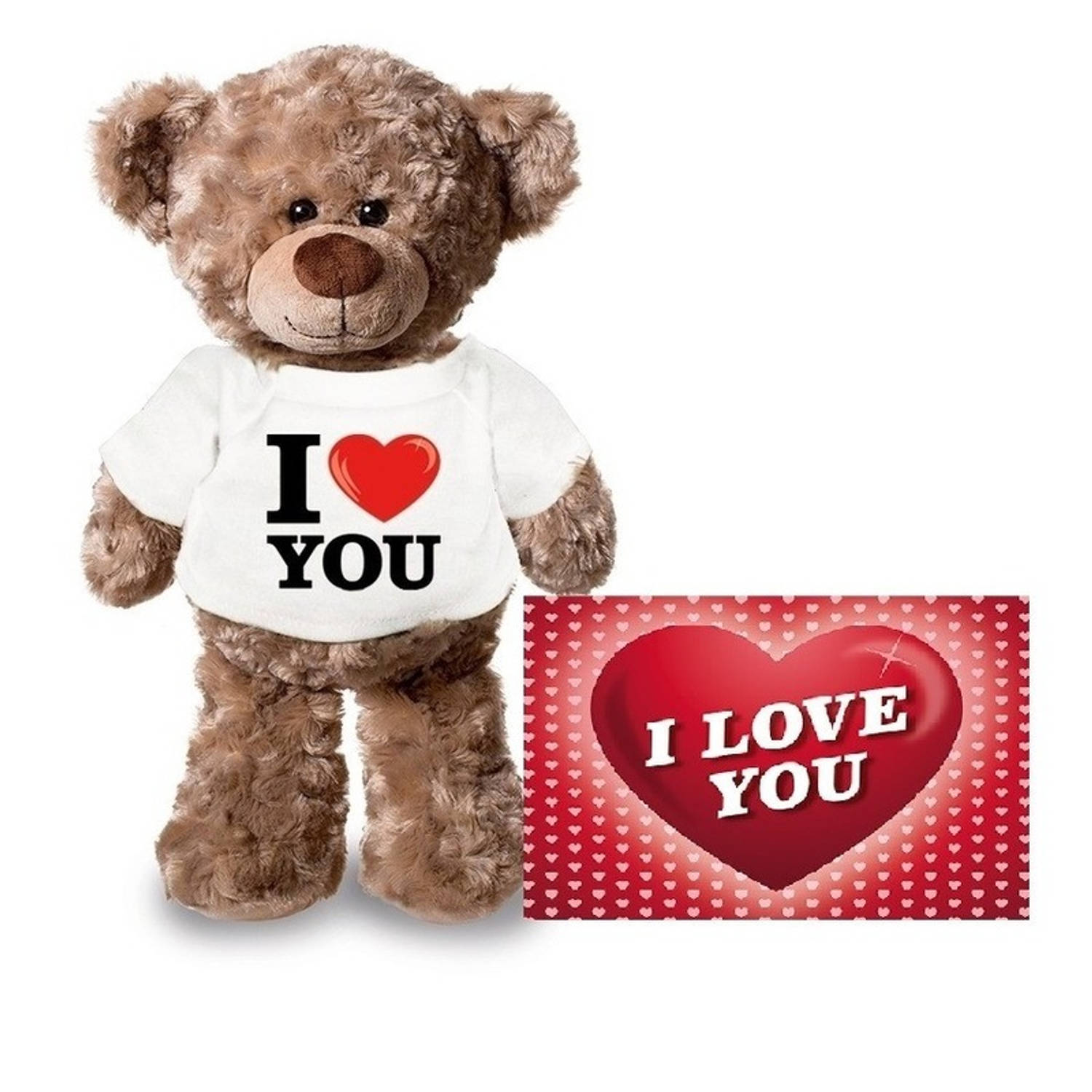 Knuffel Teddybeer I Love You 24 Cm Met Valentijnskaart A5 - Valentijn/ Romantisch Cadeau - Bruin