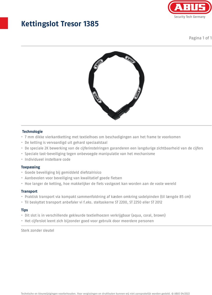 Abus kettingslot code Tresor 1385/75 black