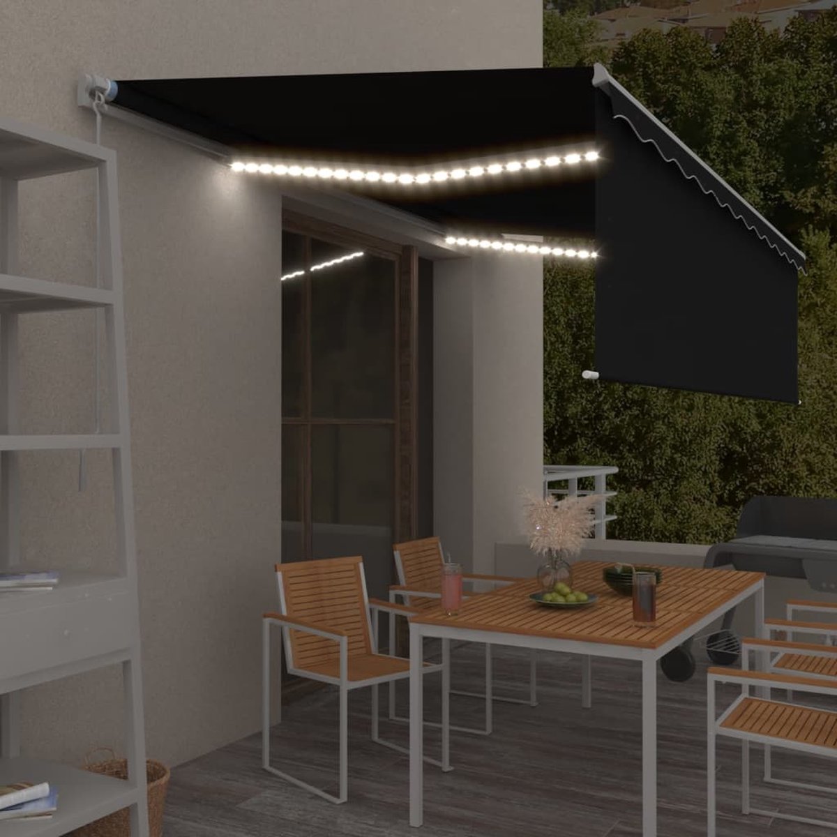 Vidaxl Luifel Handmatig Uittrekbaar Met Rolgordijn Led 5x3 M Antraciet