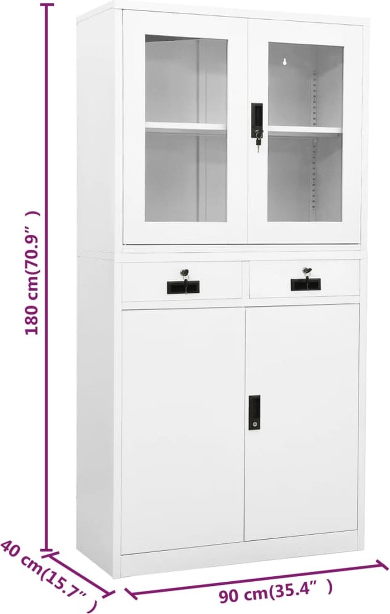 Vidaxl Kantoorkast 90x40x180 Cm Staal En Gehard Glas - Wit