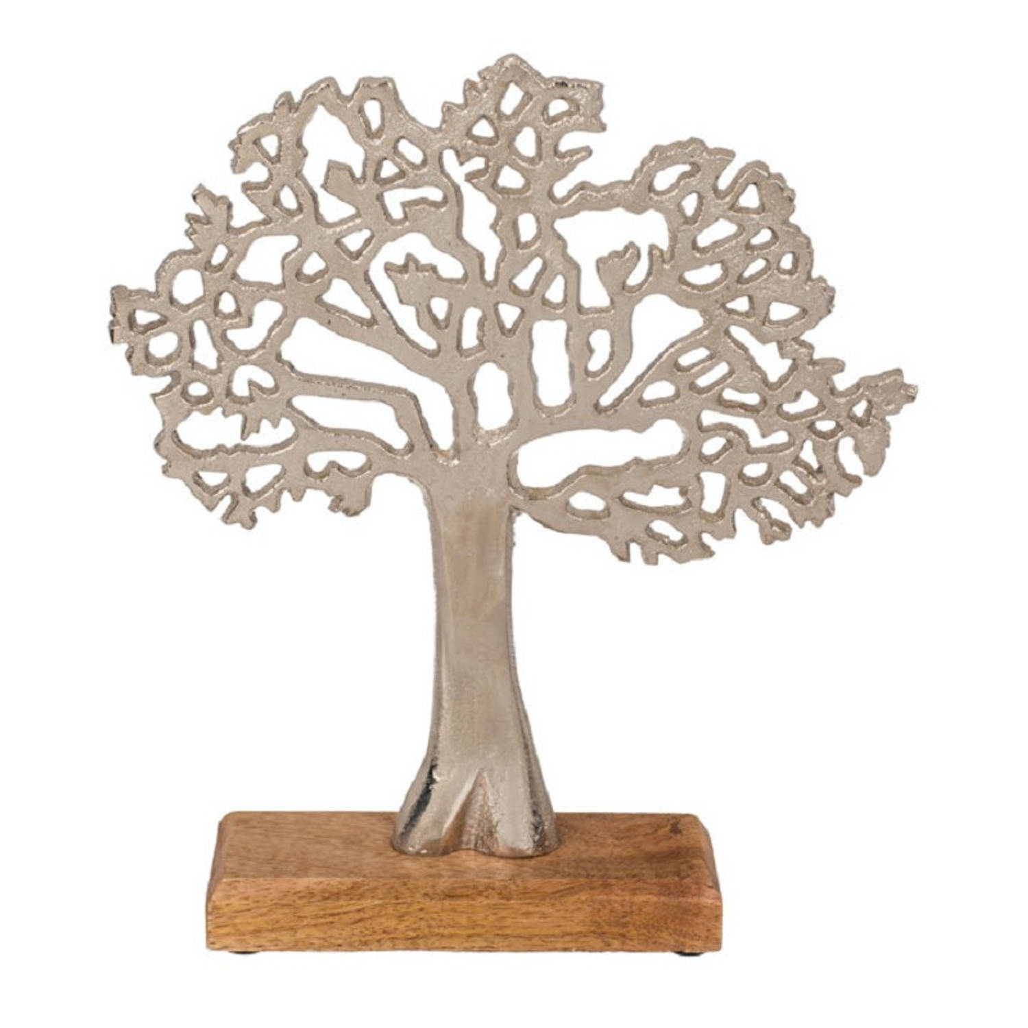 Out of the Blue Decoratie Levensboom Van Aluminium Op Houten Voet 27,5 Cm Zilver - Beeldjes - Silver