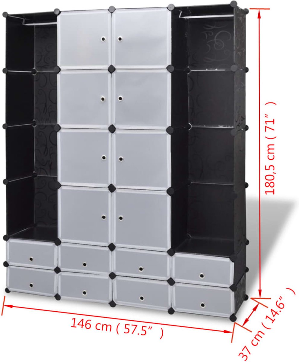 Vidaxl Kast Modulair Met 18 Vakken 37x146x180,5 Cm En Wit - Zwart
