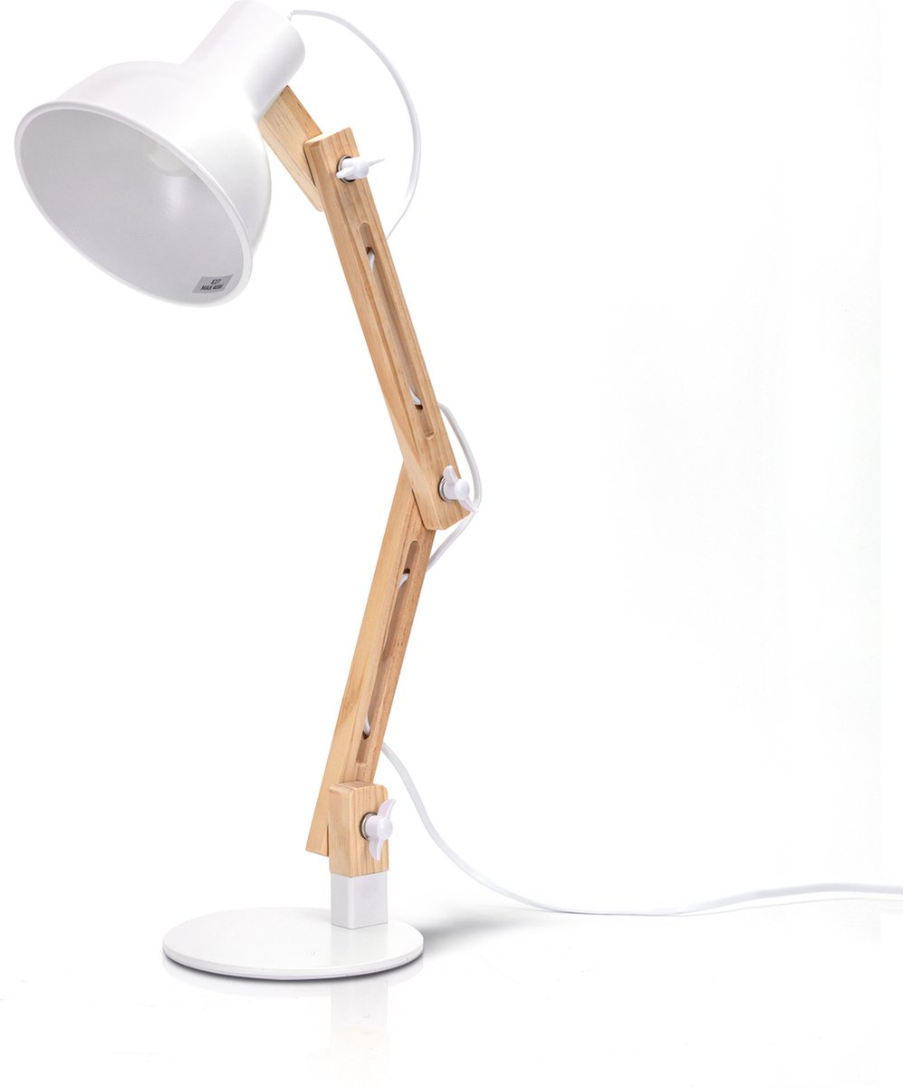 Aigostar 13as9 - Bureaulamp Met Houten Standaard - In Hoogte Verstelbaar En Kantelbaar - H455mm - E27 Fitting - Wit