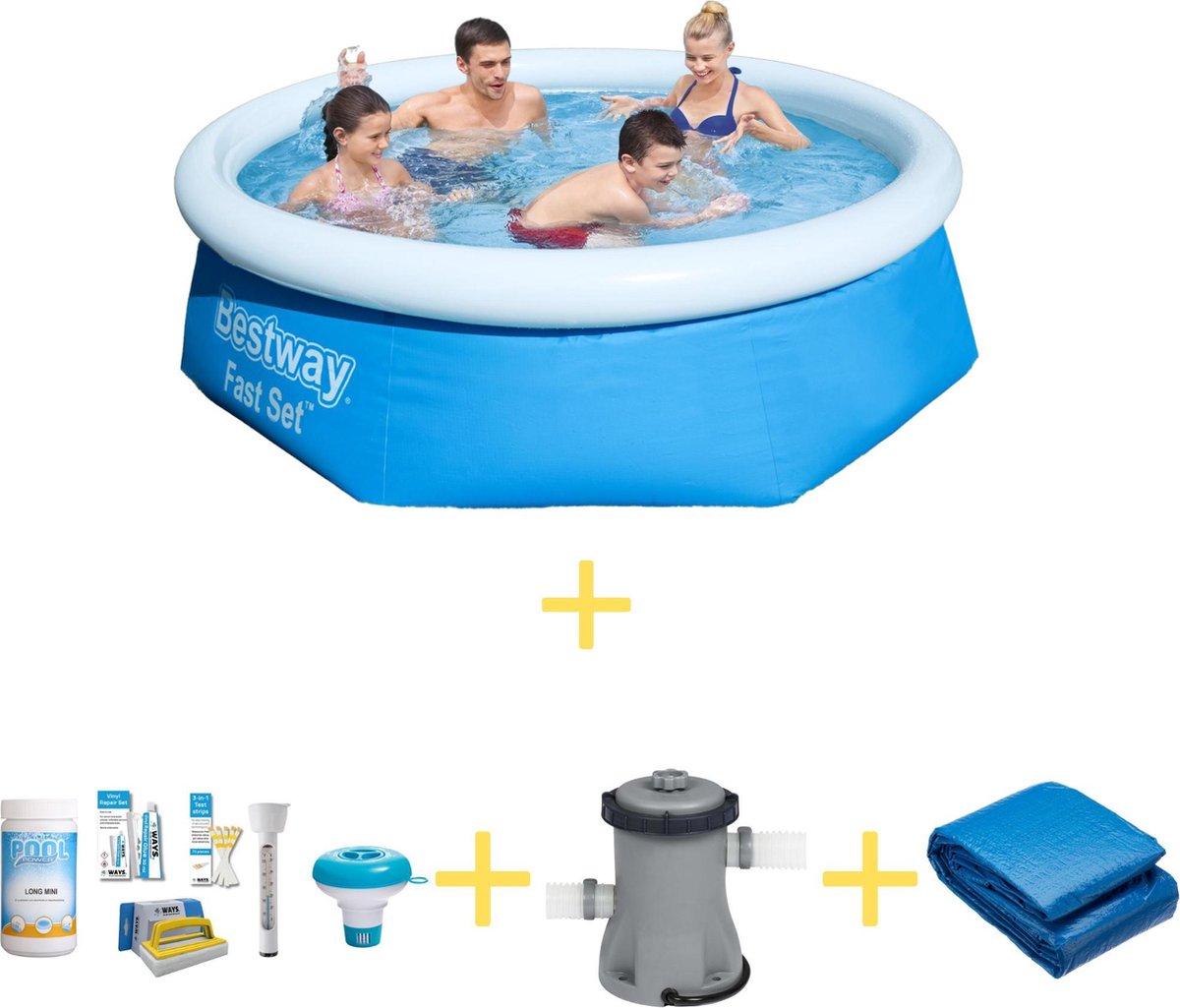 Bestway Zwembad - Fast Set - 244 X 66 Cm - Inclusief Ways Onderhoudspakket, Filterpomp & Grondzeil - Blauw