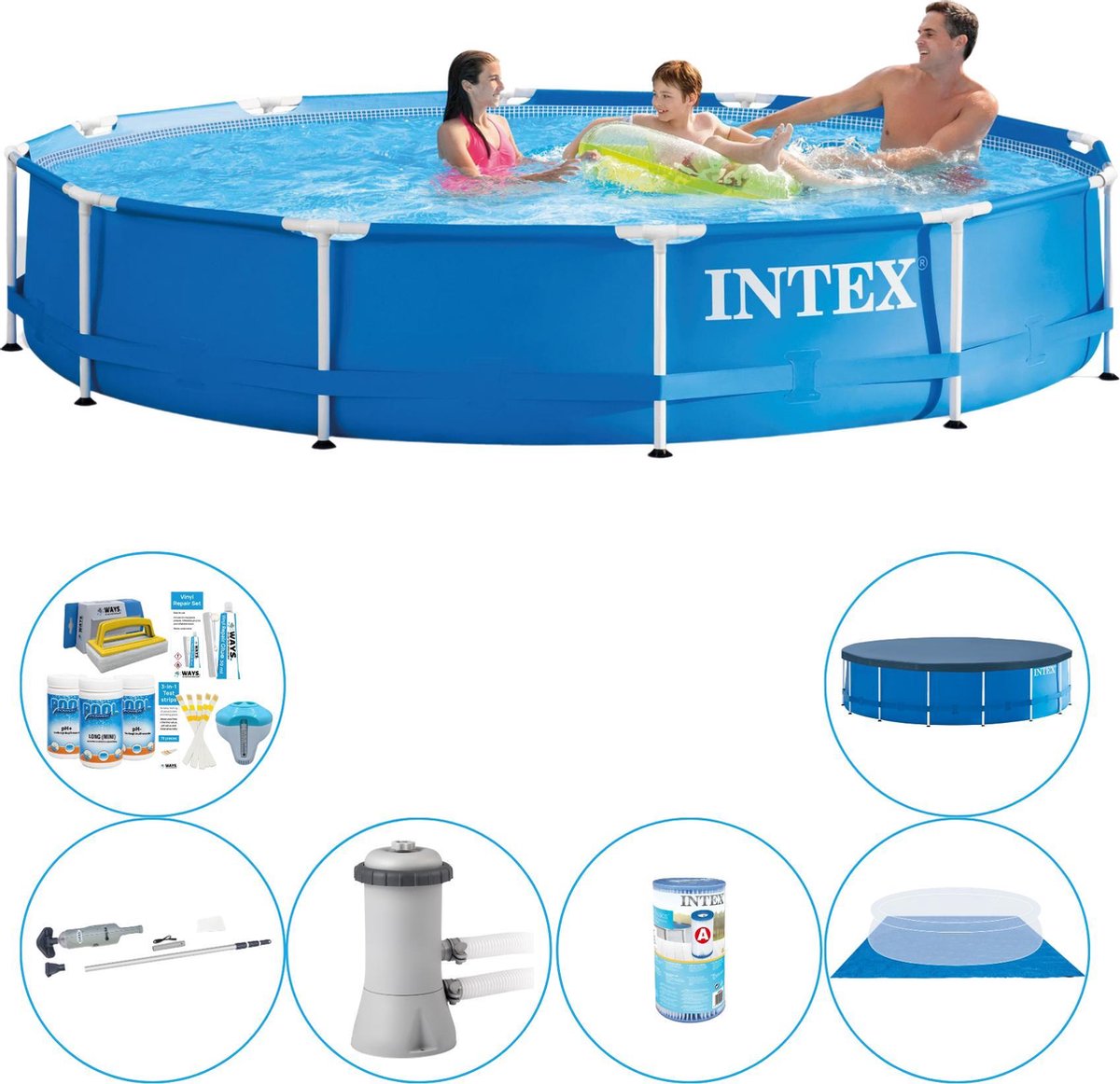 Intex Metal Frame Rond 366x76 Cm - Zwembad Inclusief Accessoires - Blauw