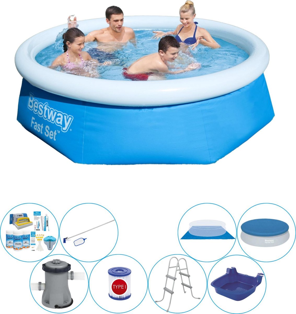 Bestway Fast Set Rond 244x66 Cm - Zwembad Inclusief Accessoires - Blauw