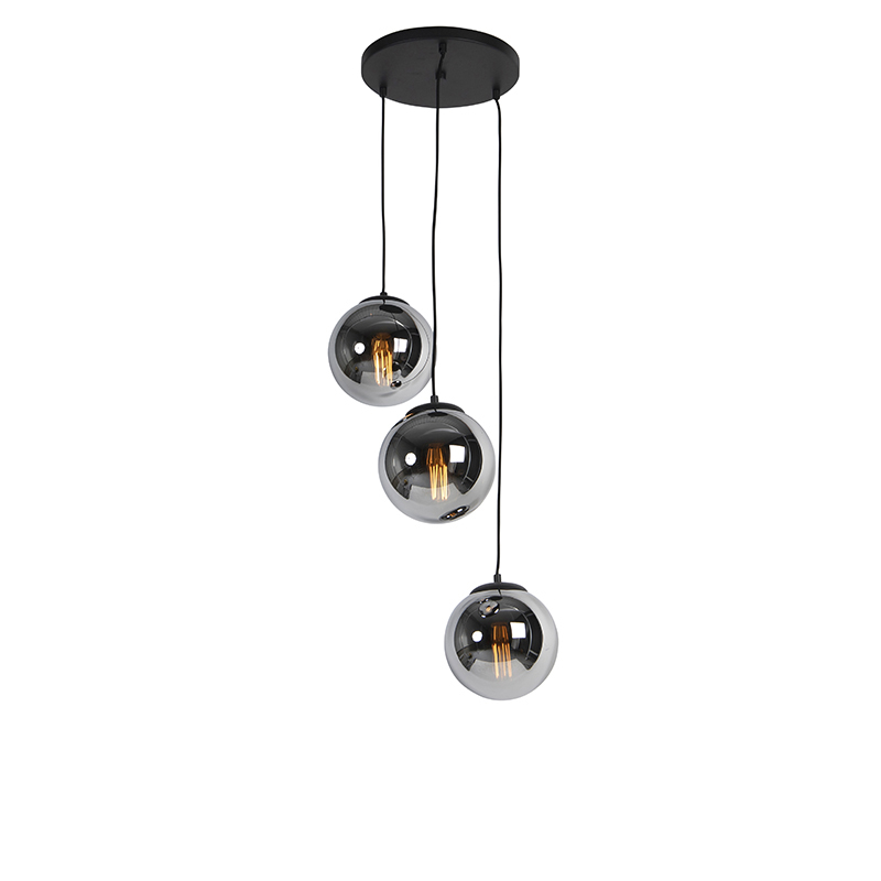 QAZQA Art deco hanglamp zwart met smoke glas 3-lichts - Pallon - Silver