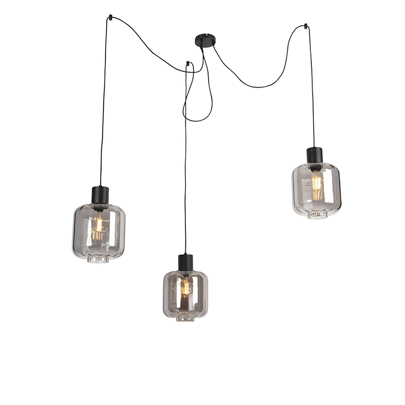 QAZQA Design hanglamp met smoke glas 3-lichts 226 cm - Qara - Zwart