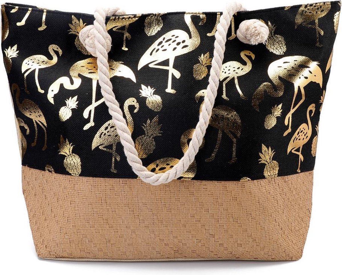 Strandtas Flamingo/ananas Print Zwart/goud 54 Cm - Strandartikelen Beach Bags/shoppers Met Ritssluiting