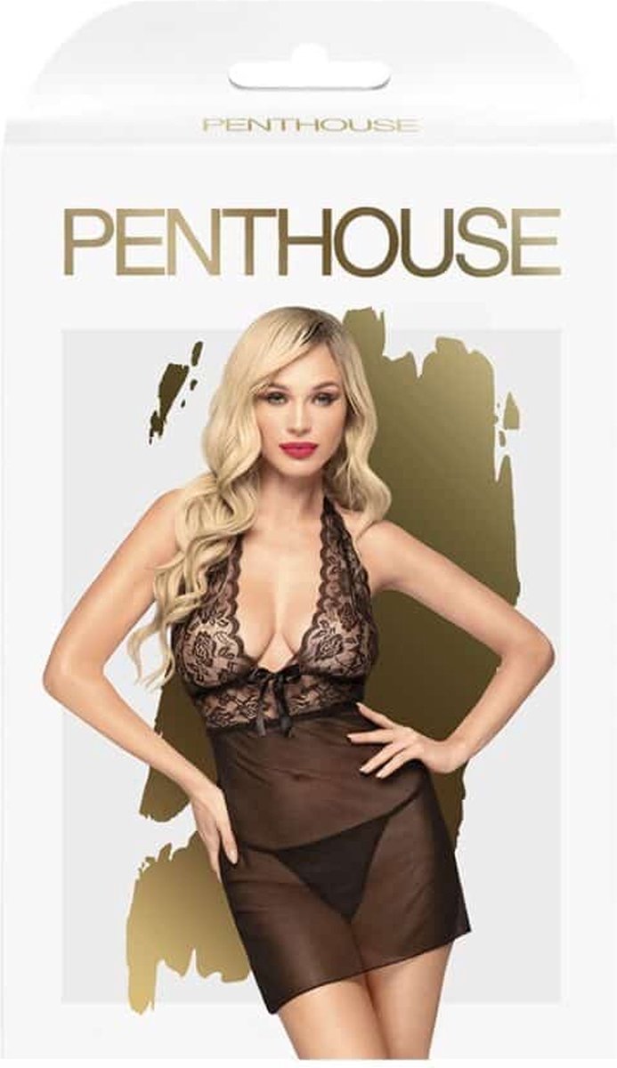 Penthouse mesh minijurkje met kanten haltercups - Zwart