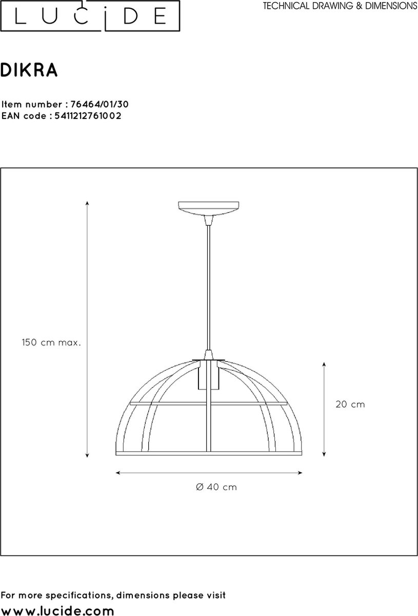 Lucide Dikra Hanglamp E27 60w Ø40cm - Zwart