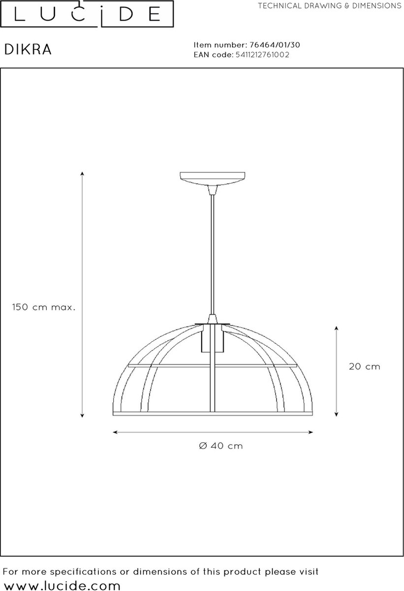 Lucide Dikra Hanglamp E27 60w Ø40cm - Zwart