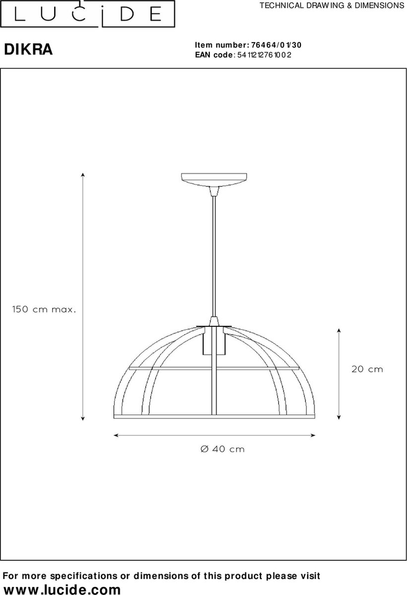 Lucide Dikra Hanglamp E27 60w Ø40cm - Zwart