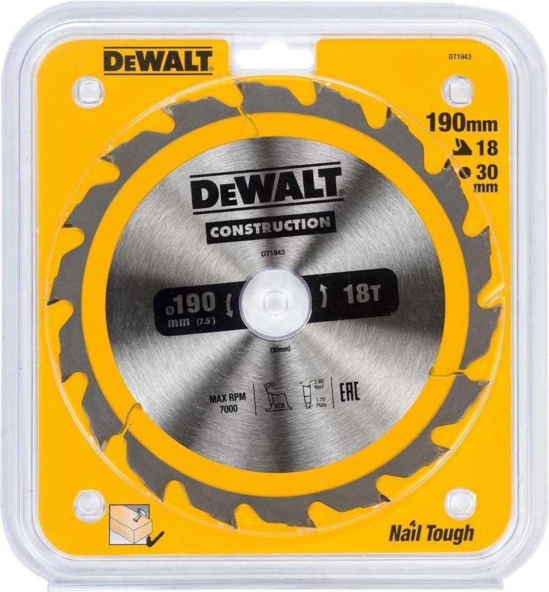 DeWalt - DT1943-QZ - Hoja para sierra circular portátil para construcción 190x30mm 18D ATB +20º