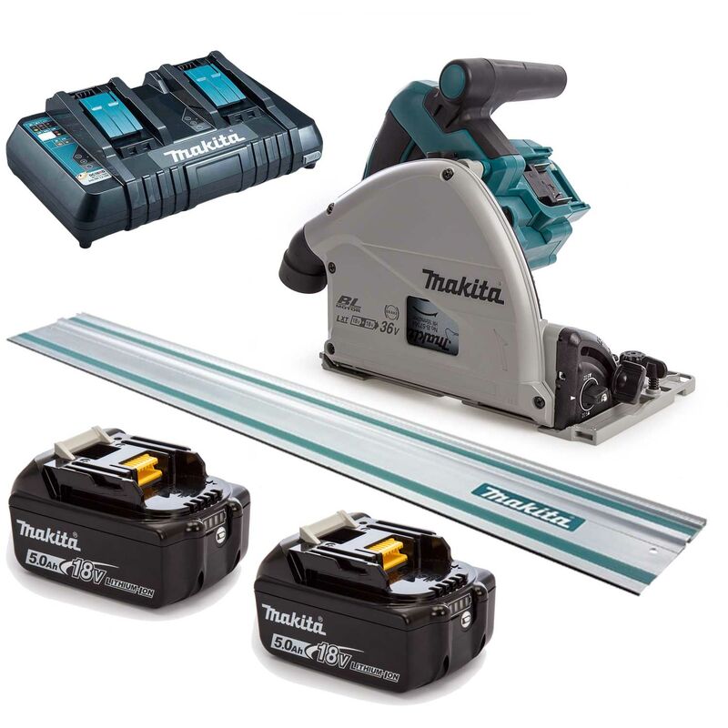 Makita DSP600PT2J1 36V (2x 18V) Li-Ion batería Juego de Sierra de Incisión (2x baterías 5,0Ah) en Mbox incl. carril guía - 165 x 20 mm - sin