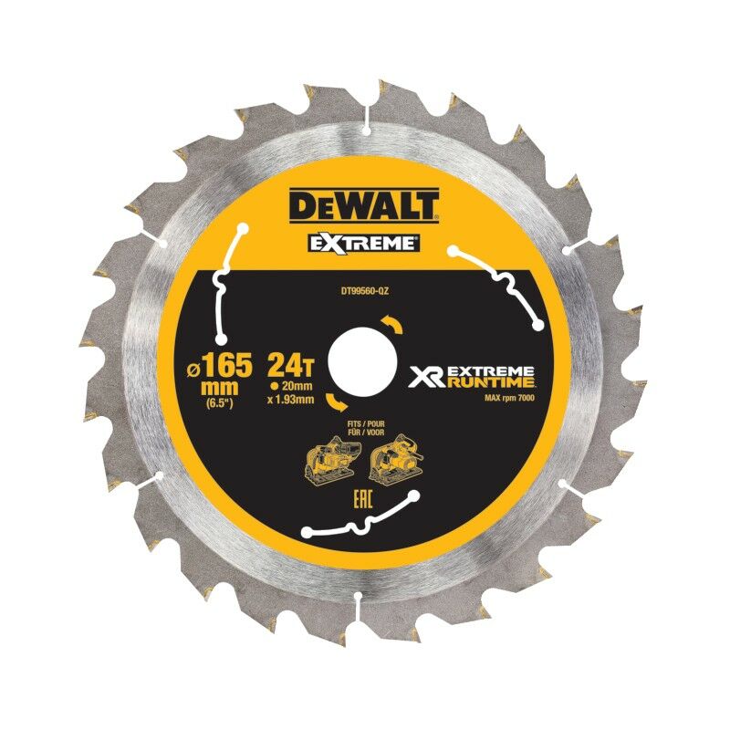 DeWalt DT99560-QZ Hojas para Sierra Circular portátil XR EXTREME RUNTIME 165mm x 20mm 24D 10°