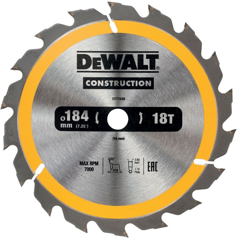 DeWalt De Walt - DT1938-QZ Hoja para construcción 184 x 16mm 18T (AC)