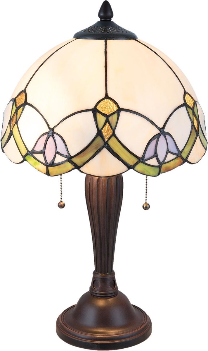 Clayre & Eef Tafellamp Tiffany Ø 30*50 Cm E27/max 2*40w Meerkleurig Glas In Lood Bloemen Lumilamp 5ll-5918 - Beige