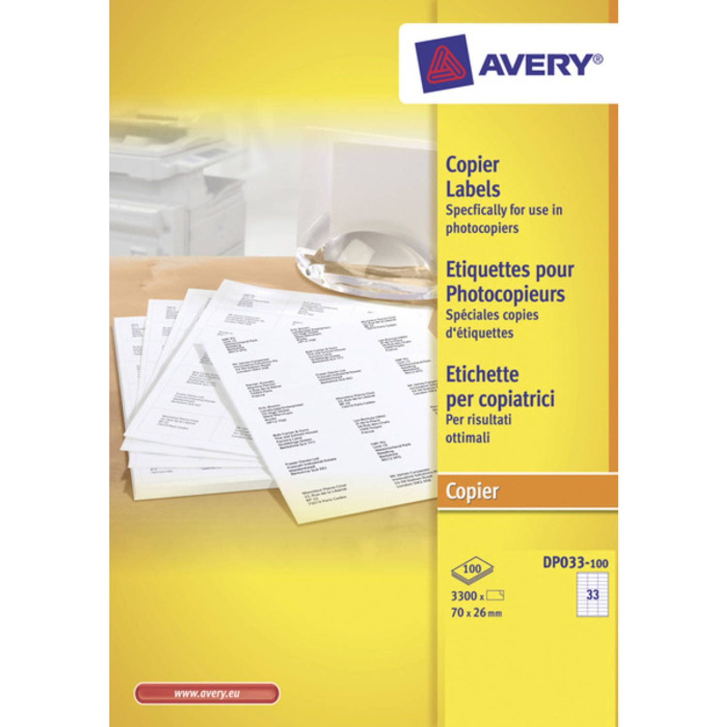 Avery Kopieeretiket 70x26mm 100 Vel 33 Etiketten Per Vel - Wit