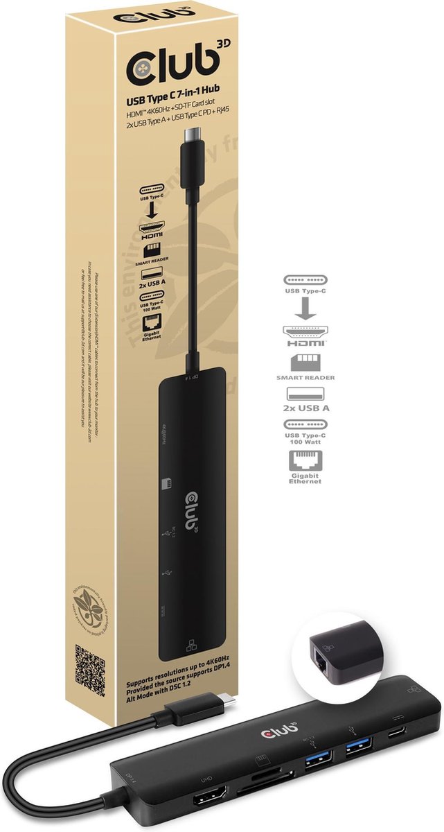 CLUB3D USB TYPE C 7 IN 1 HUB TO HDMI 4K60HZ+SDTF CARD SLOT+2XUSBA + USB C PD +RJ45