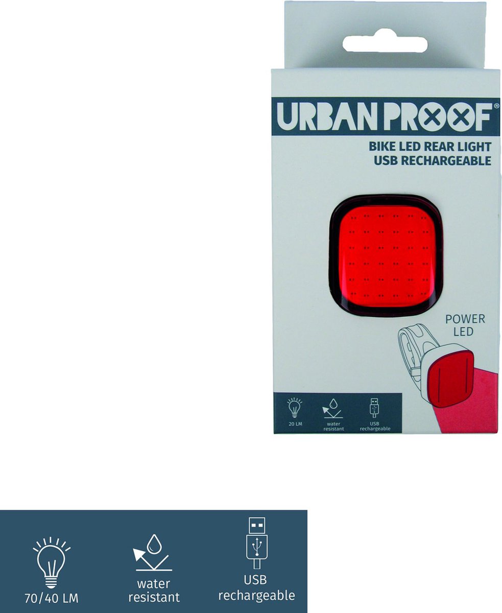 URBAN PROOF LED fiets achterlicht vierkant -USB oplaadbaar