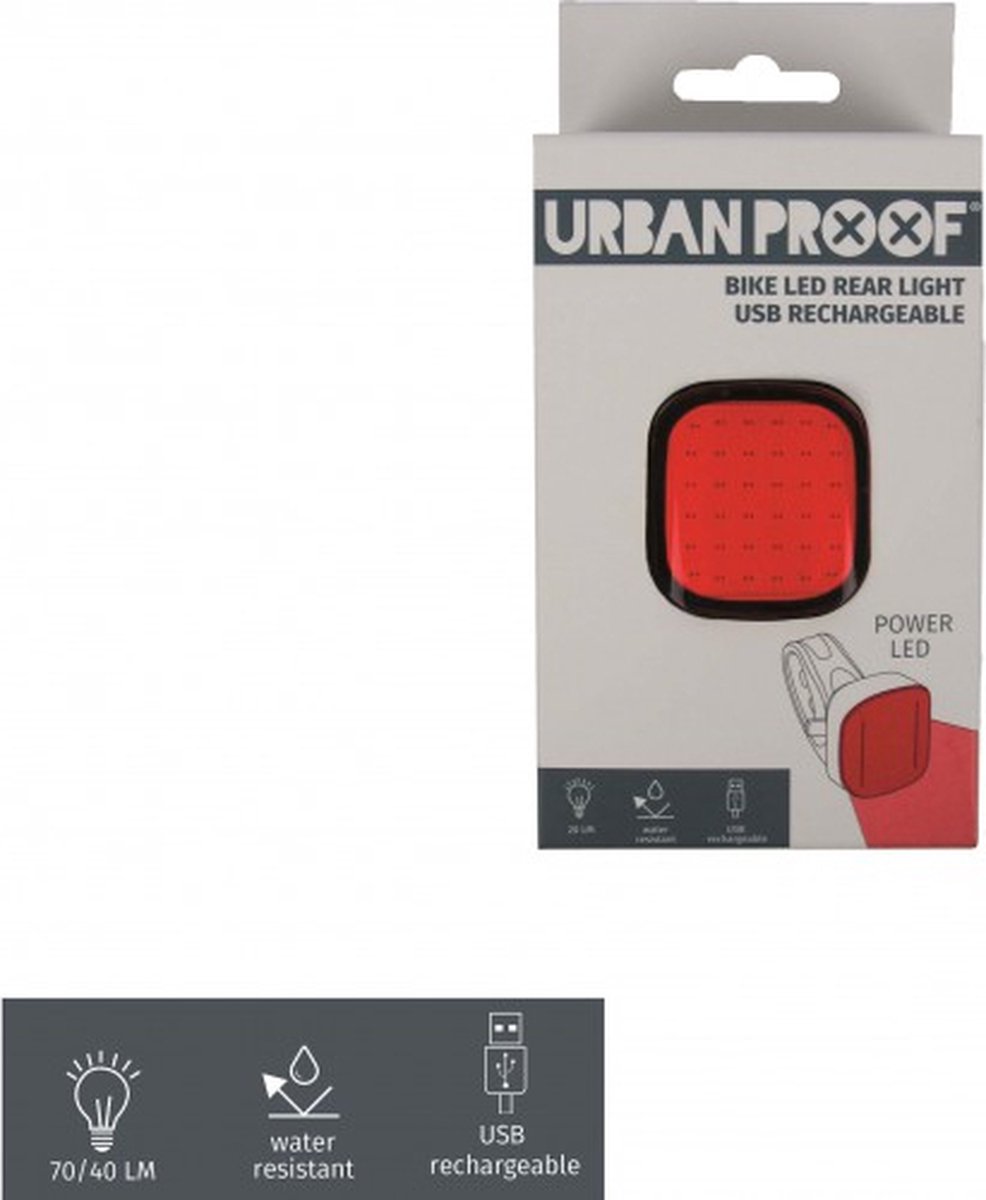 URBAN PROOF LED fiets achterlicht vierkant -USB oplaadbaar