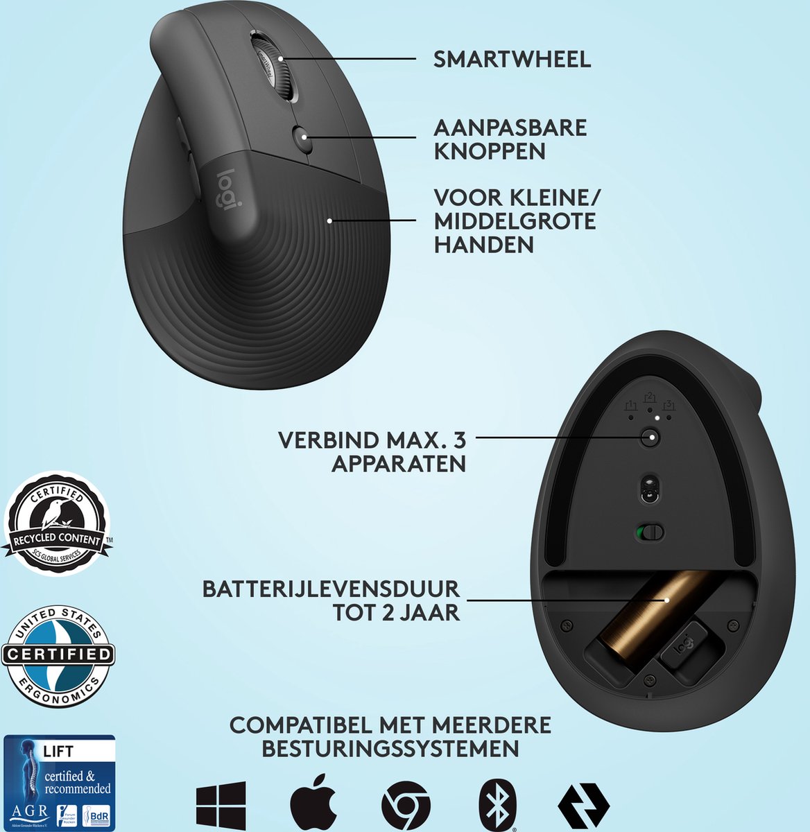 Logitech Lift Verticale Ergonomische Muis - Zwart