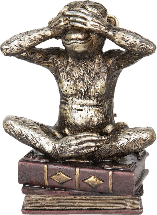 Clayre & Eef Decoratie Figuur Aap 13*9*18 Cm Zilverkleurig Kunststof Aap Op Boeken 6pr2447