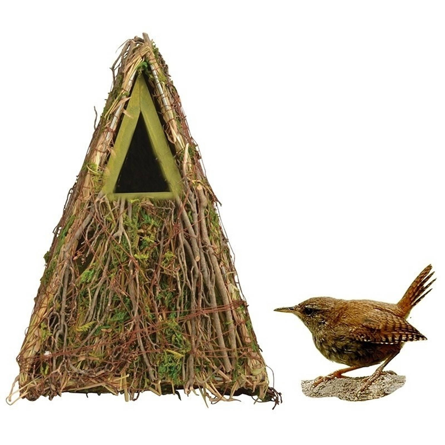 Houten Vogelhuisje/nestkastjee Takjes/mos 24 Cm - Tuindecoratie Vogelnest Nestkast Vogelhuisjes - Groen