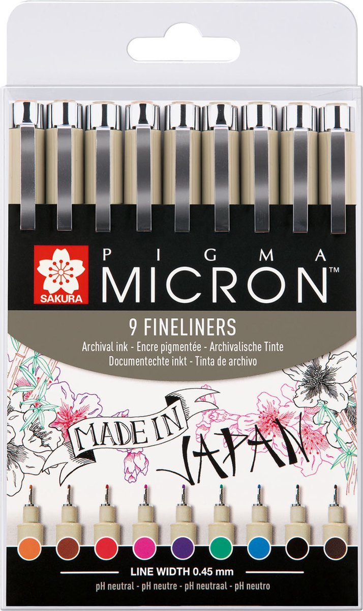 Sakura Tekenstift Pigma Micron 05, Etui Met 9 Stuks In Geassorteerde Kleuren