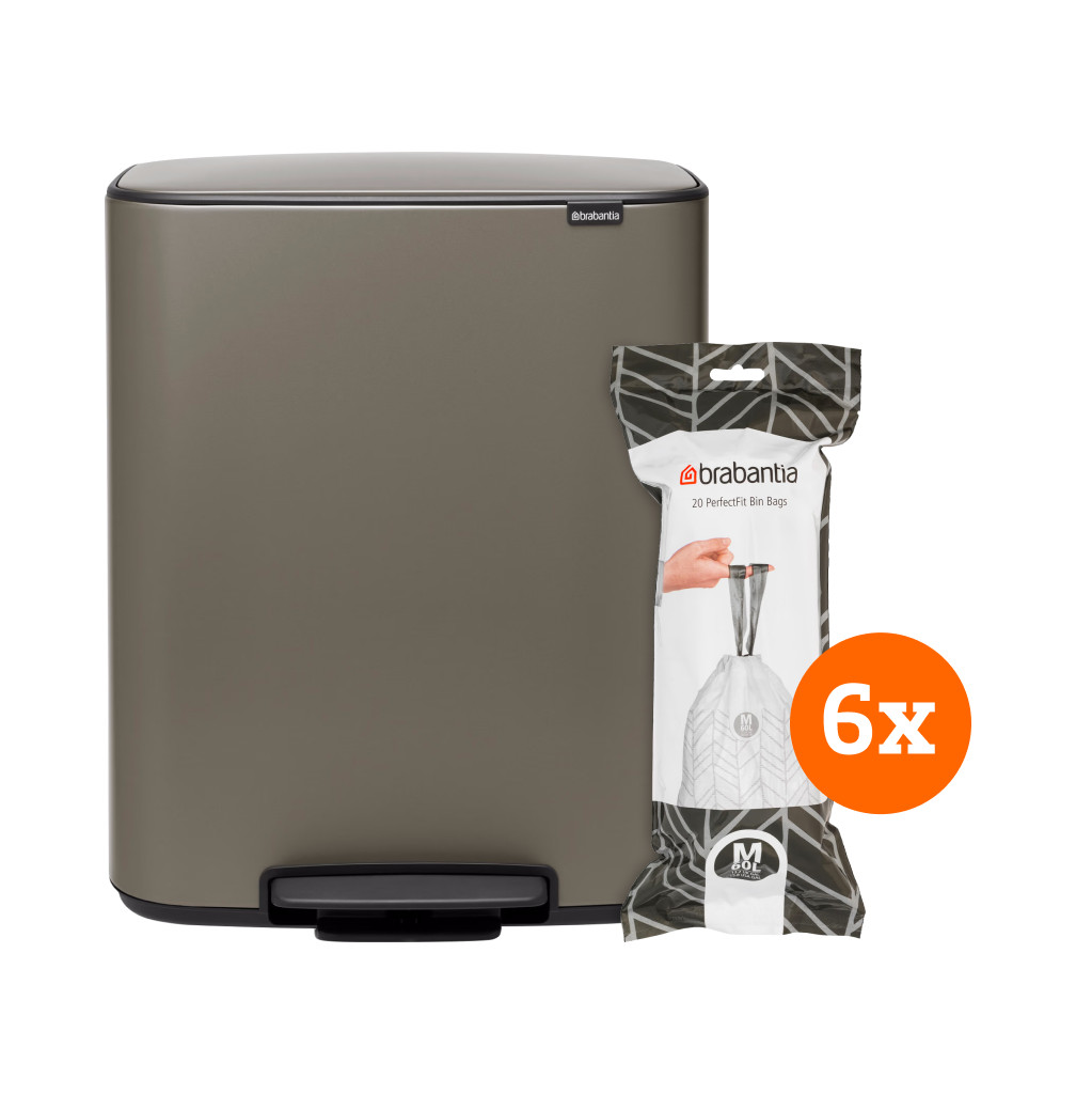 Brabantia Bo Pedal Bin 60 Liter Platinum + Vuilniszakken (120 stuks)