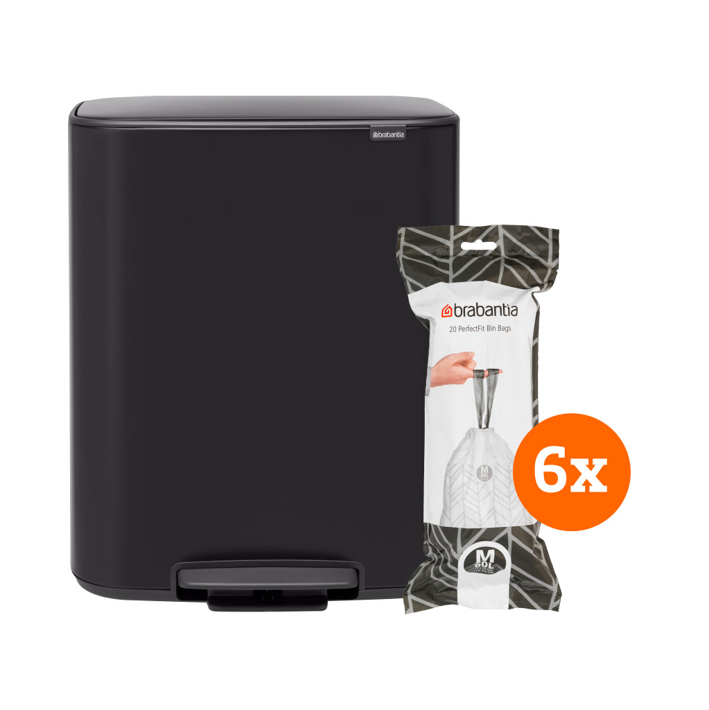 Brabantia Bo Pedal Bin 60 Liter Matt Black + Vuilniszakken (120 stuks)