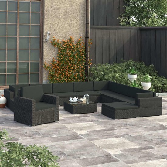 Vidaxl 12-delige Loungeset Met Kussens Poly Rattan - Zwart