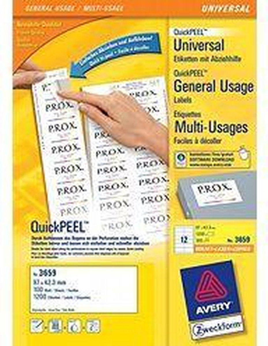 Avery Zweckform 3659 Universele Etiketten Ft 97 X 42,3 Mm (B X H),1.200 Etiketten, - Wit