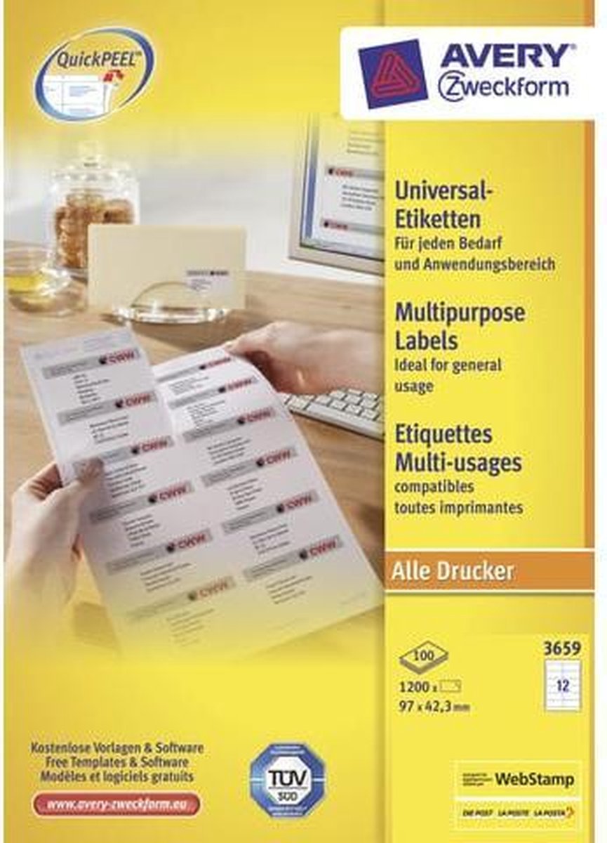 Avery Zweckform 3659 Universele Etiketten Ft 97 X 42,3 Mm (B X H),1.200 Etiketten, - Wit