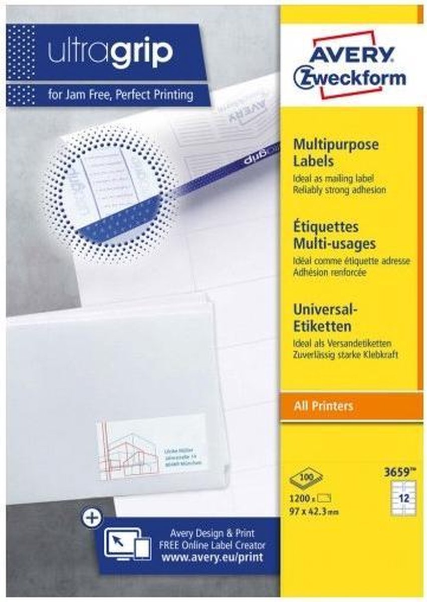 Avery Zweckform 3659 Universele Etiketten Ft 97 X 42,3 Mm (B X H),1.200 Etiketten, - Wit