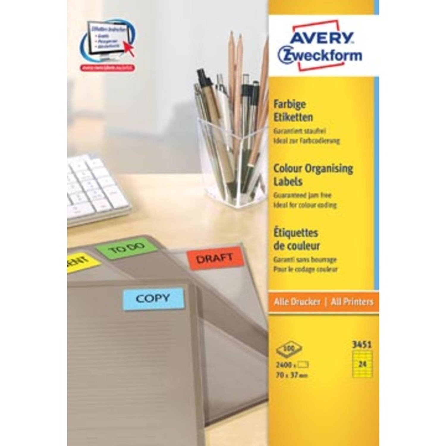 Avery Gekleurde Universele Etiketten Ft 70 X 37 Mm (B X H),2.400 Stuks, - Geel