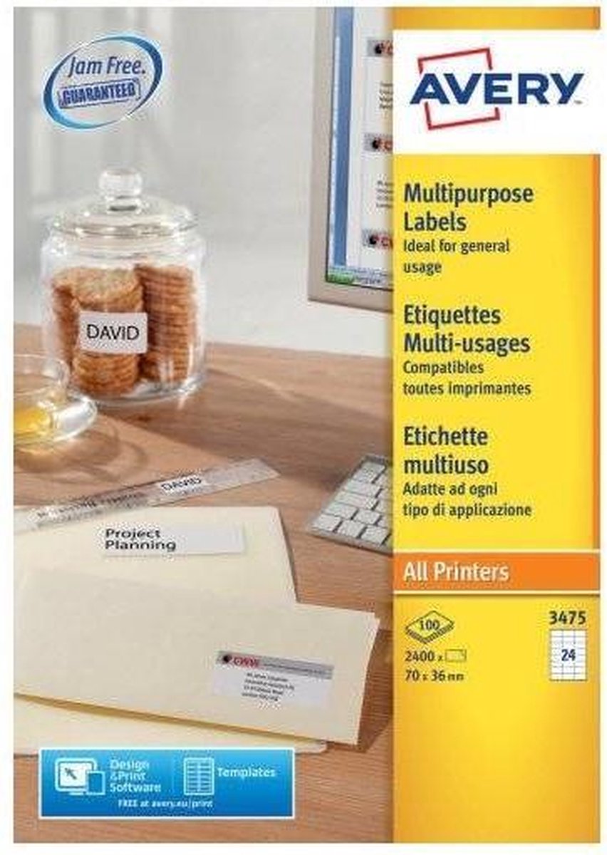 Avery te Etiketten Quickpeel Ft 70 X 36 Mm (B X H),2.400 Stuks, 24 Per Blad, Doos Van 100 Blad - Wit