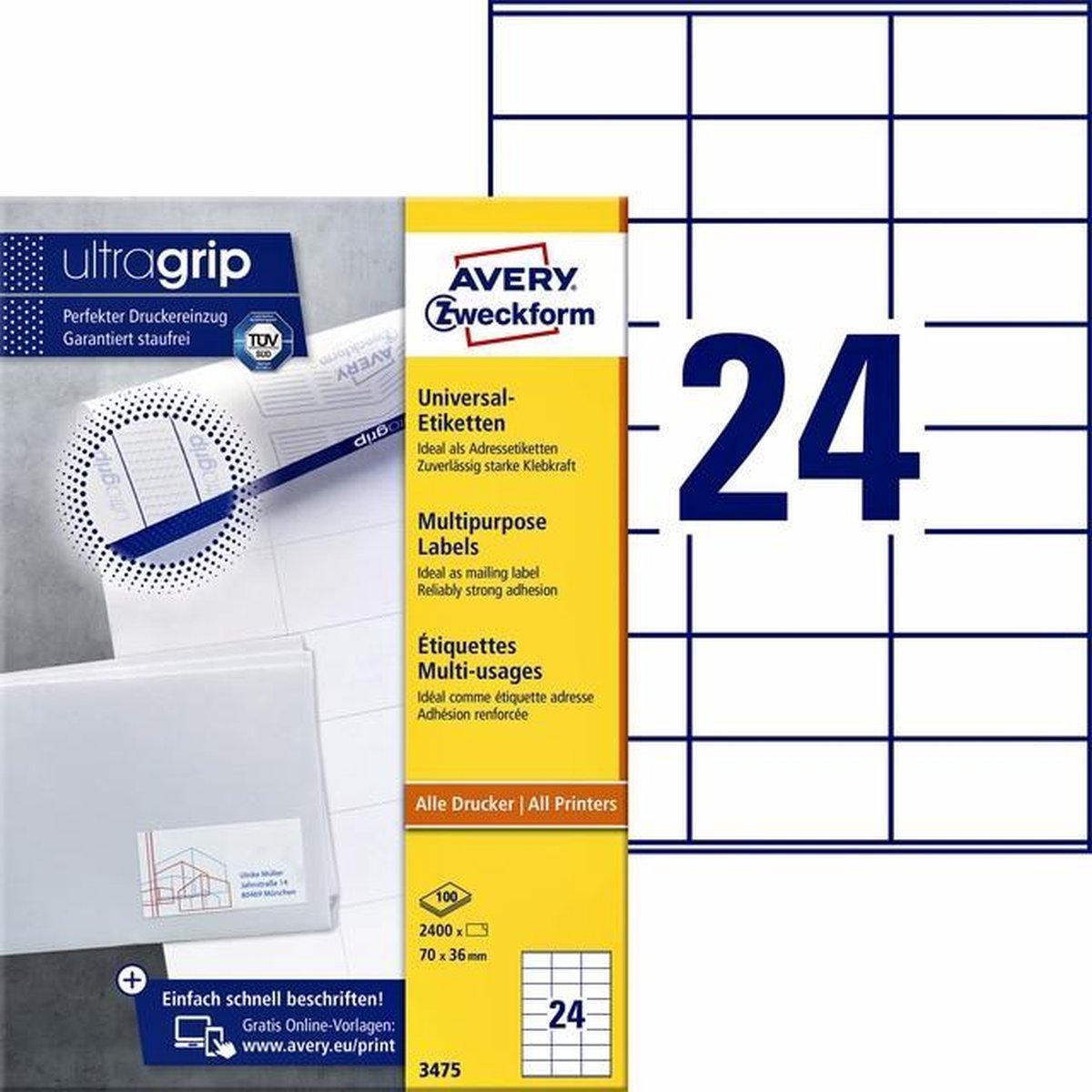 Avery te Etiketten Quickpeel Ft 70 X 36 Mm (B X H),2.400 Stuks, 24 Per Blad, Doos Van 100 Blad - Wit
